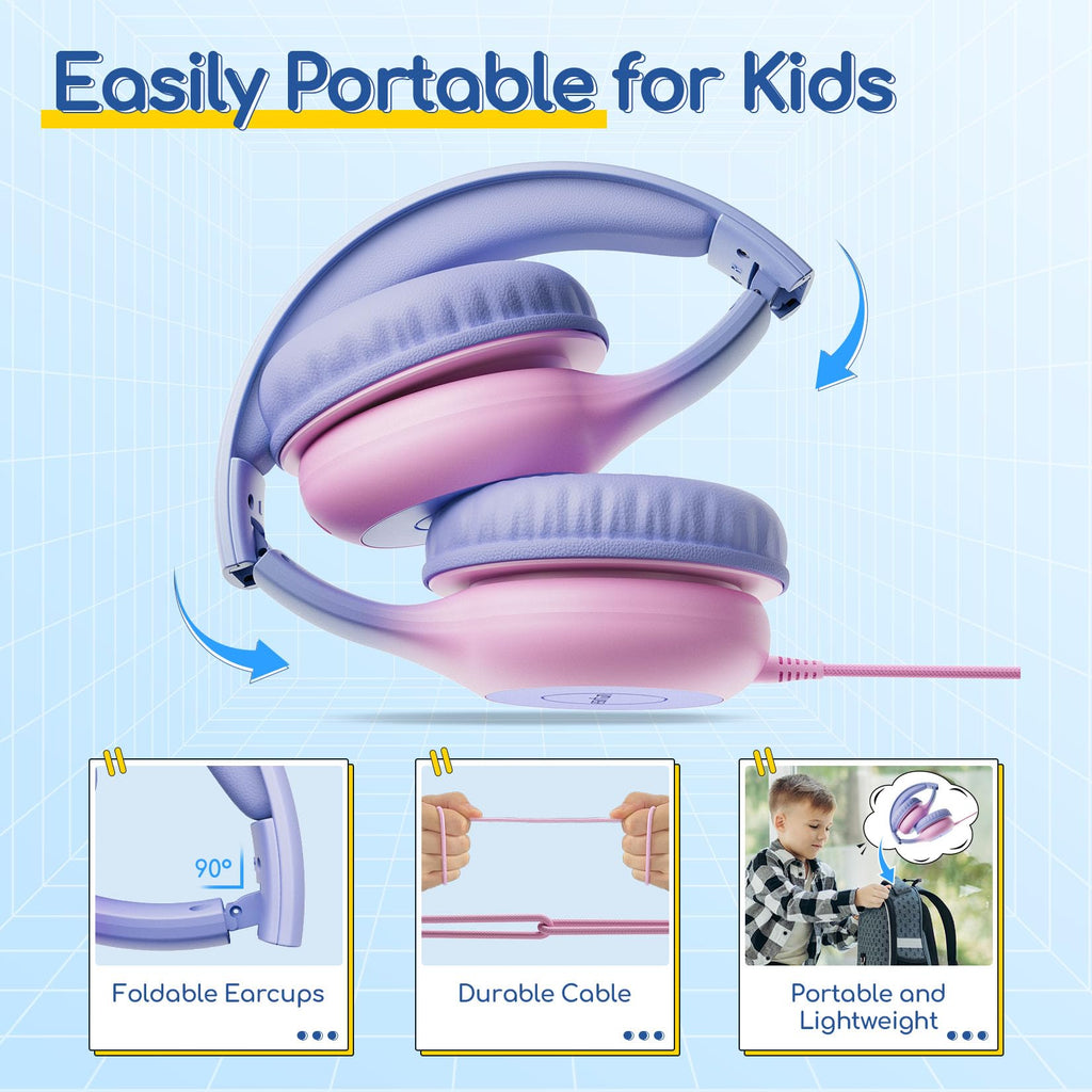 EarFun K1 Kids Headphones Wired with Microphone, 85/94dB Volume Limit Headphones for Kids, Portable Wired Headphone with Shareport, Stereo Sound Foldable Headset for School/Tablet/iPad, Black Red