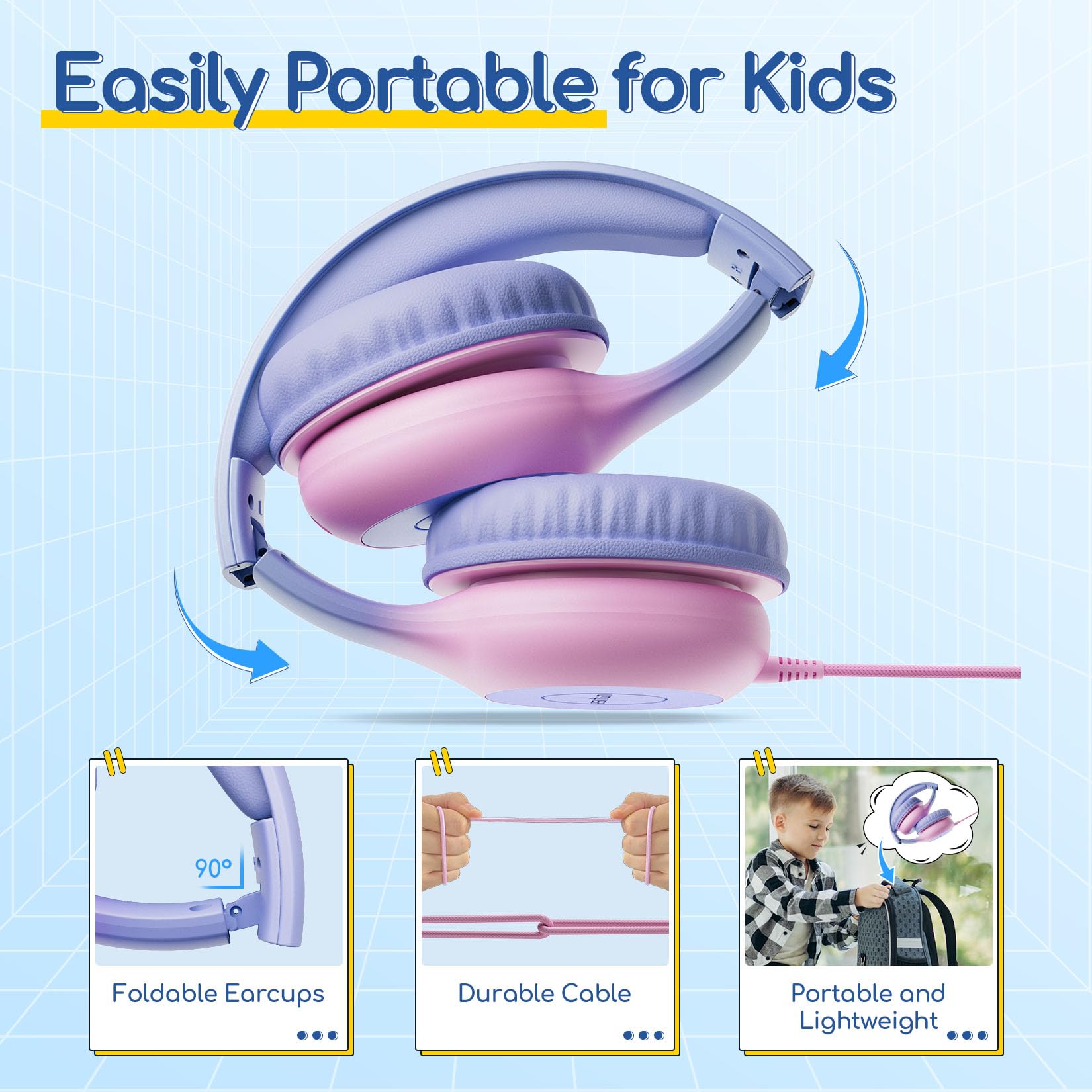 EarFun K1 Kids Headphones Wired with Microphone, 85/94dB Volume Limit Headphones for Kids, Portable Wired Headphone with Shareport, Stereo Sound Foldable Headset for School/Tablet/iPad, Black Red