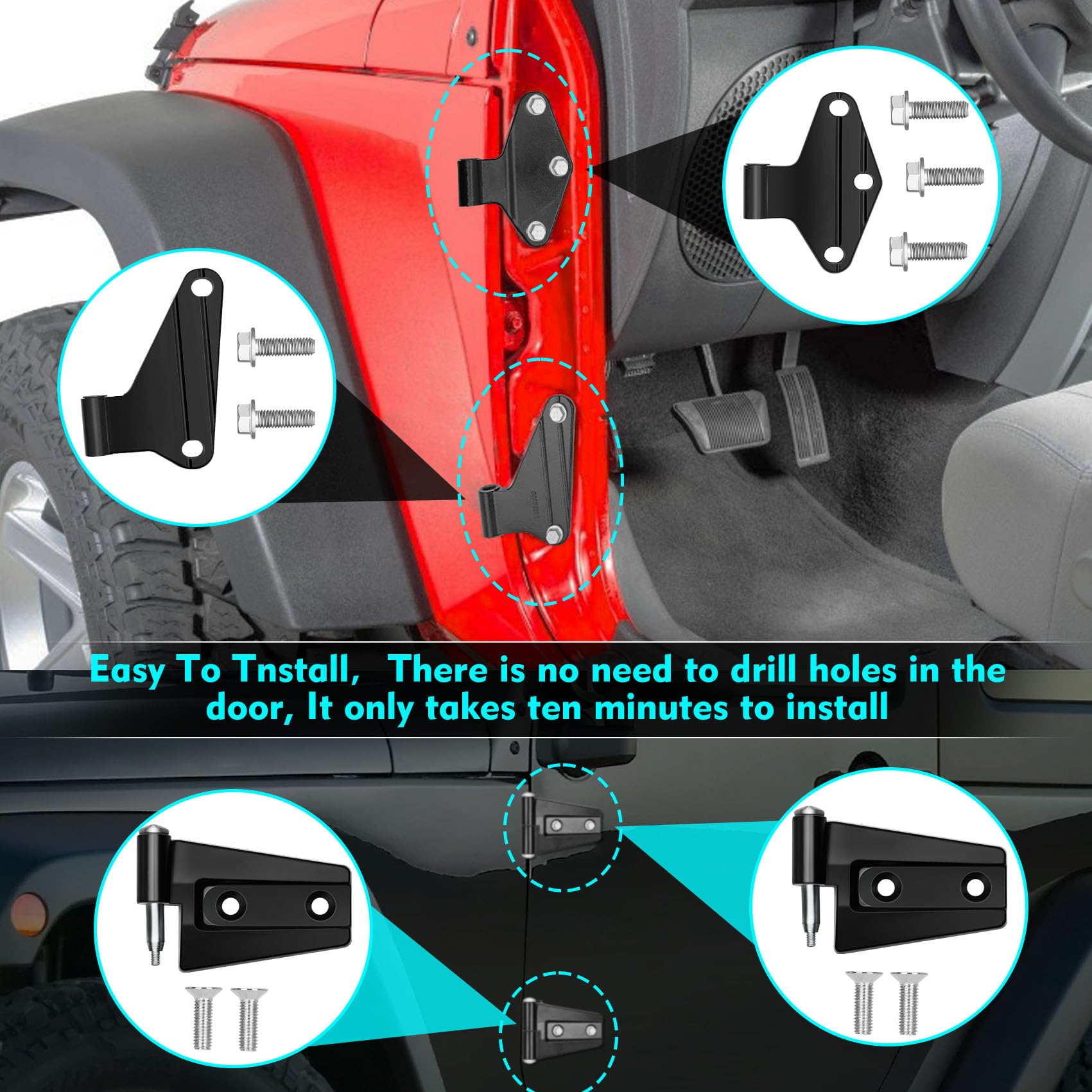 Jeep Wrangler JK 2 Door Hinge Assembly Kits Compatible with 2007-2018 Jeep Wrangler JK JKU Rubicon Unlimited Sahara Inside and Outside (2 Door), Jeep Wrangler JK JKU 2 Door Hinge 8PCS with 18 Bolts