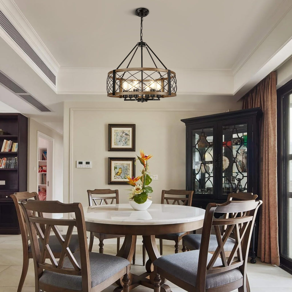 Modern Chandelier for Dining Room, 6-Light Wood Grain Finish Farmhouse Chandelier, 22.5” Rustic Drum Hanging Light Kitchen Island, Round Metal Hanging Light Fixture for Foyer, Entryway, Bedroom
