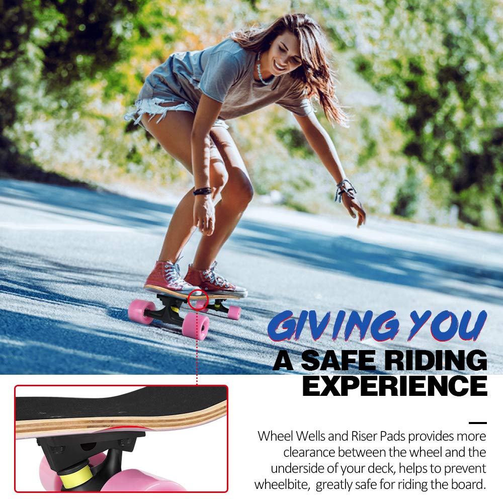 BELEEV Cruiser Skateboards for Beginners, 27 x 8 inch Complete Skateboard for Kids Teens Adults, 7 Ply Canadian Maple Double Kick Deck Concave Skateboard with Skate T-Tool