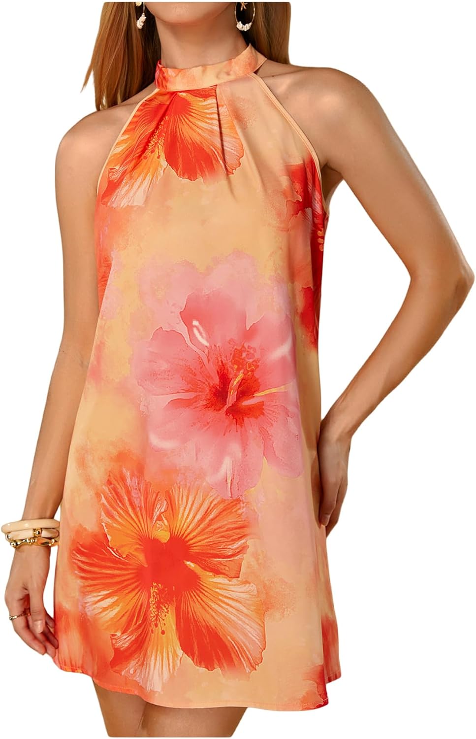 Floerns Women's Sleeveless Floral Print Sundress Halter Neck A Line Short Dress