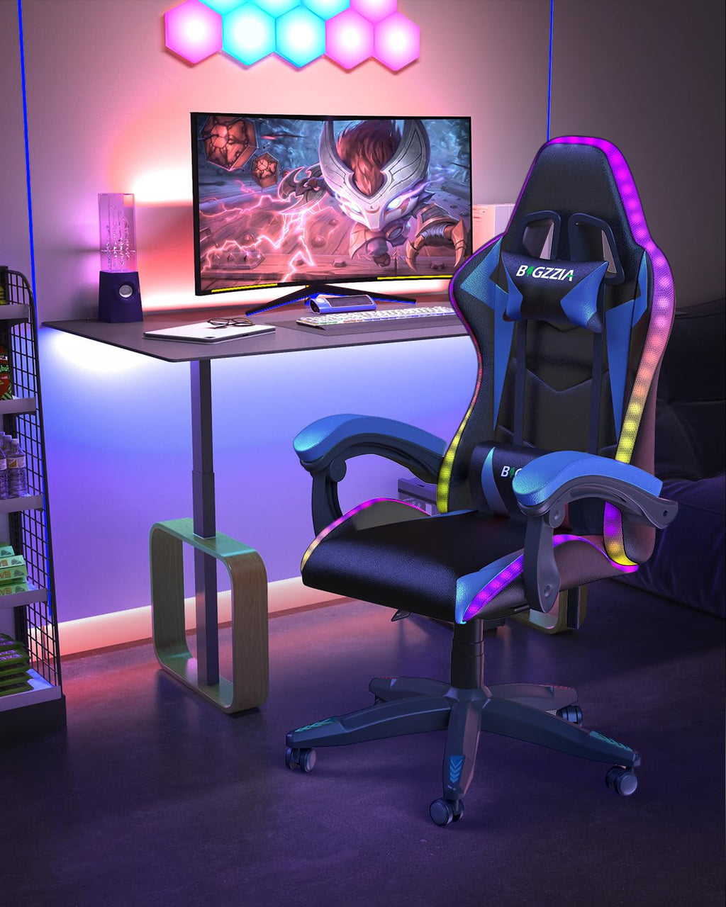 Bigzzia Gaming Chair with RGB LED Lights for Kids & Adults, High Back Ergonomic Computer Gamer Chair with Headrest and Lumbar Support, Racing Style Reclining Game Chair(Black)