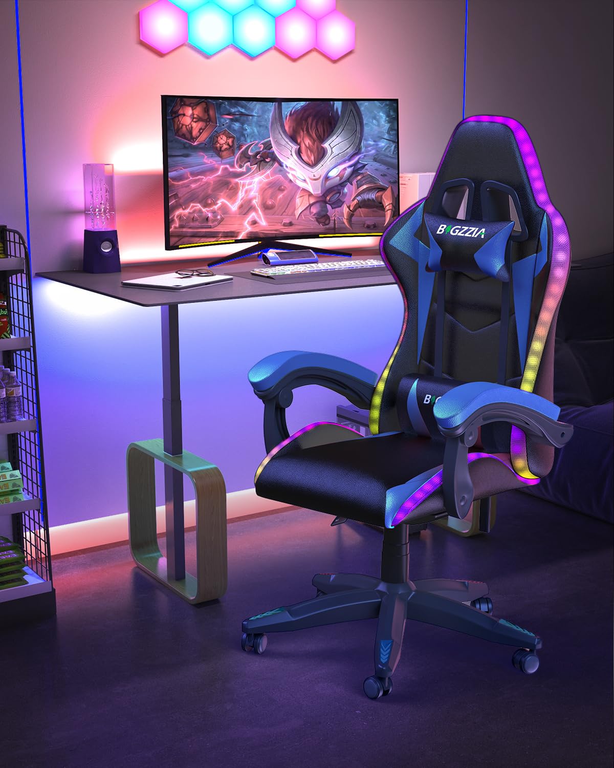 Bigzzia Gaming Chair with RGB LED Lights for Kids & Adults, High Back Ergonomic Computer Gamer Chair with Headrest and Lumbar Support, Racing Style Reclining Game Chair(Black)
