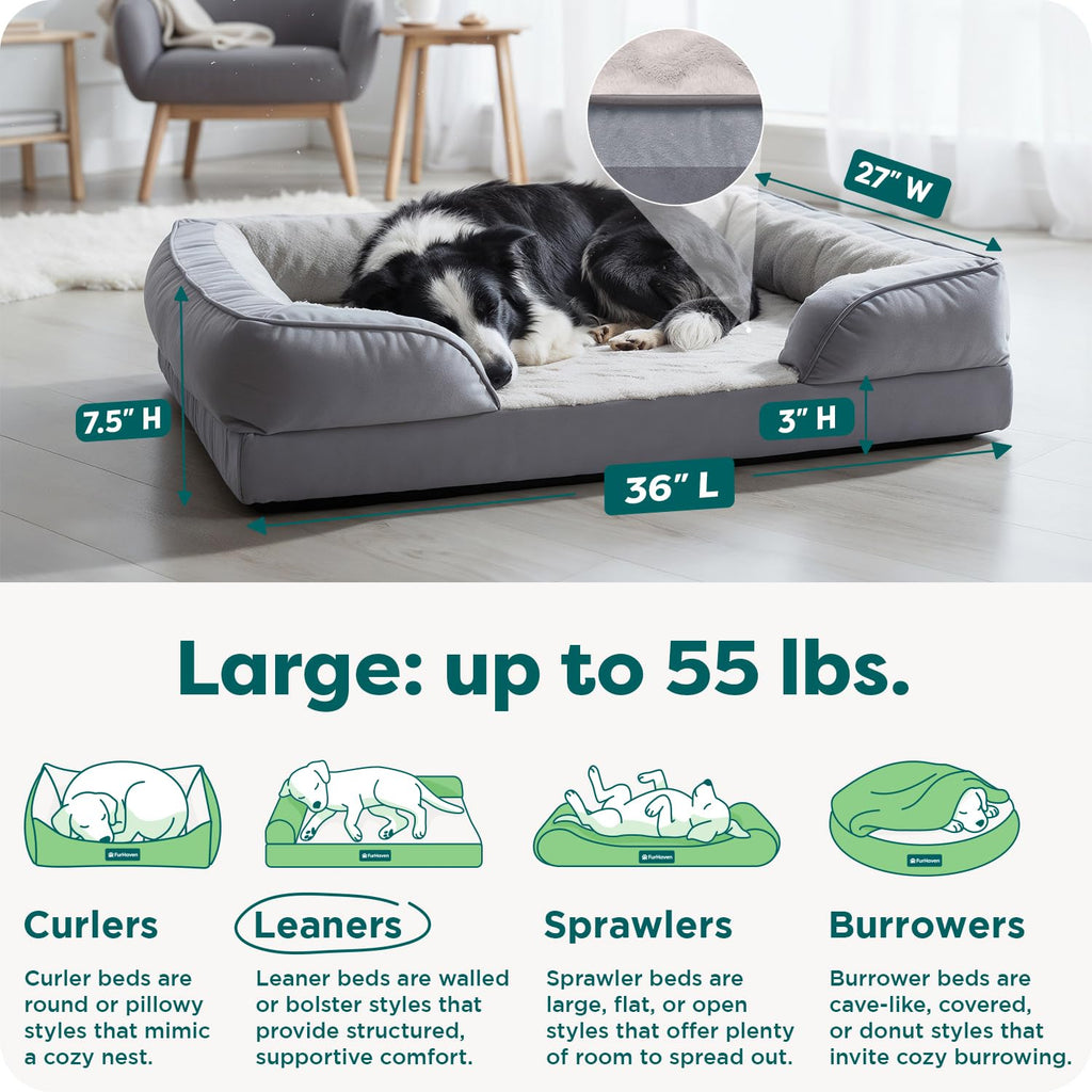Furhaven Cooling Gel Dog Bed for Medium/Small Dogs w/ Removable Bolsters & Washable Cover, For Dogs Up to 35 lbs - Plush & Velvet Waves Perfect Comfort Sofa - Brownstone, Medium