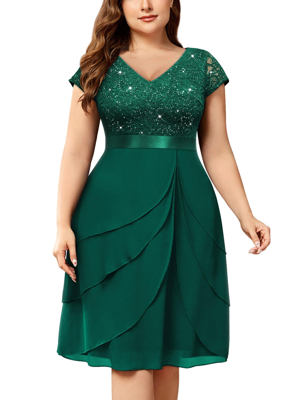 Miusol Women's Plus Size Sequin Lace V Neck Ruffle Tiered Chiffon Cocktail Party Dress
