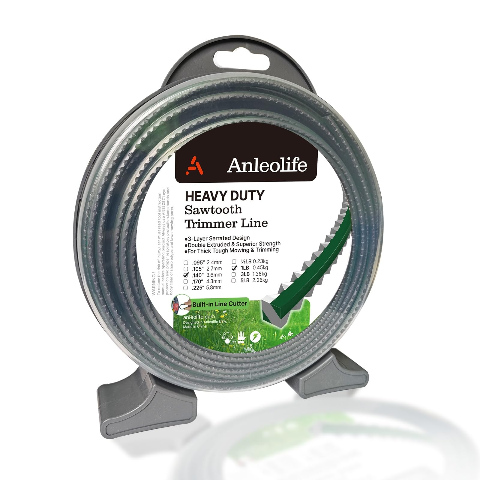 A Anleolife 1-Pound Heavy Duty Sawtooth 140-mil-by-108-ft Dual Core String Serrated Trimmer Line Donut for Walk Behind Wheeled Mowers with Built-in Line Cutter