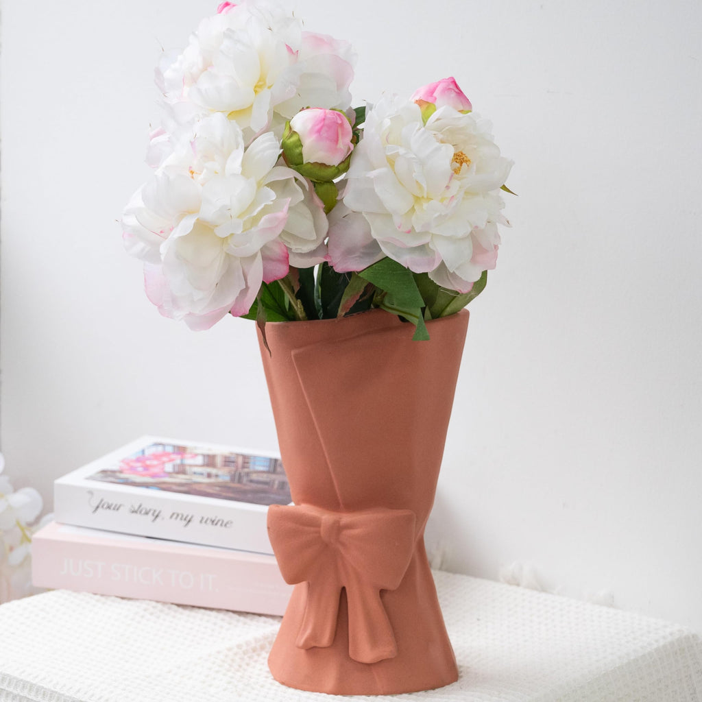 Relexome Beige Ceramic Bow Vase 9.64 in Unique Cute Modern Decorative Bouquet Flower Vases for Home Living Room Table Decor Women Girl Gifts