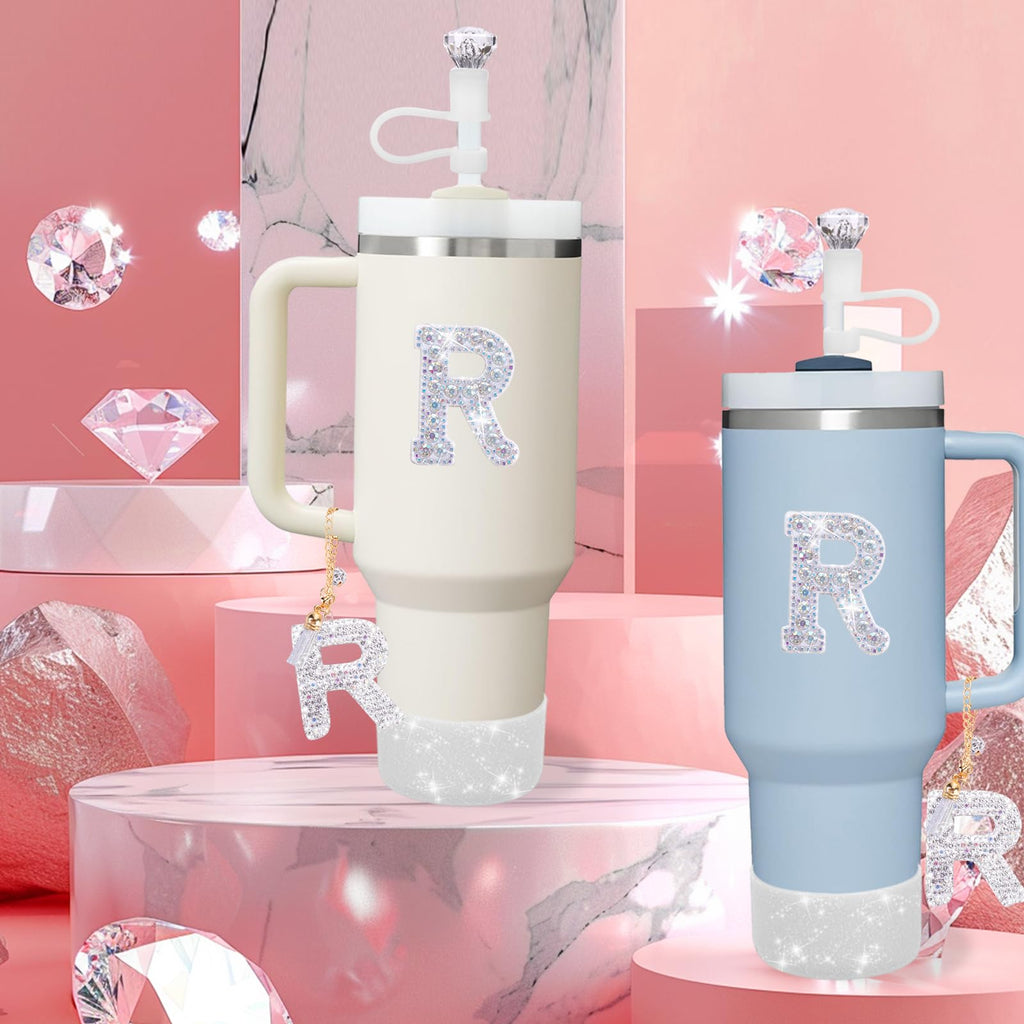 Mity rain Accessories Set for Stanley Cup, Initials Decorations for Tumbler Cup 30/40OZ, Including Diamond Straw Topper/Spill Proof Stopper/Sparkly Silicone Boot Set/Letter Charms for Handle A-Z (A-)