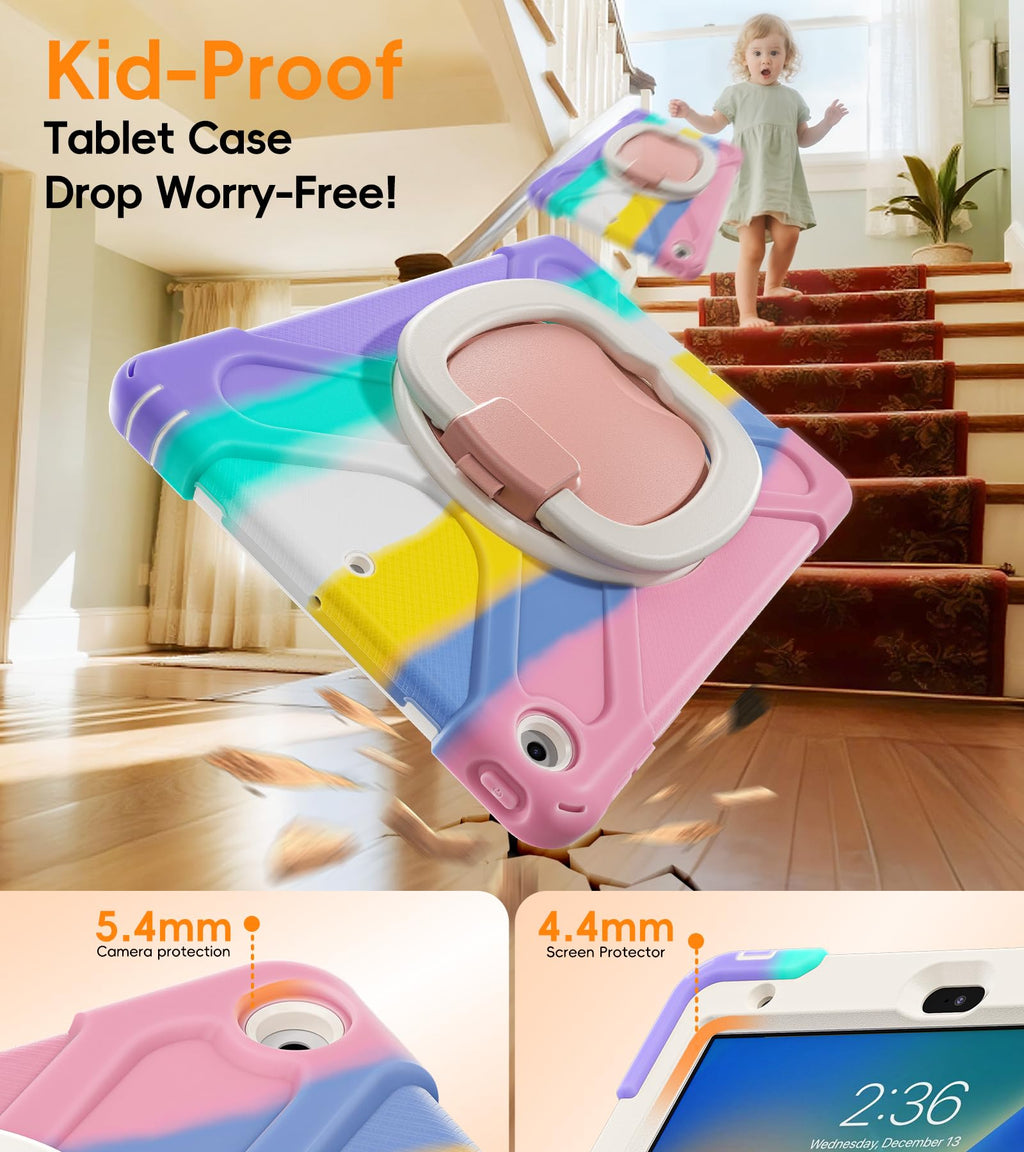 BATYUE for iPad 9th/ 8th/ 7th Generation Case (iPad 10.2 inch Rugged Case 2021/2020/2019) with Screen Protector, Rotating Stand/Pencil Holder/Carrying Shoulder Strap (Colourful Pink)
