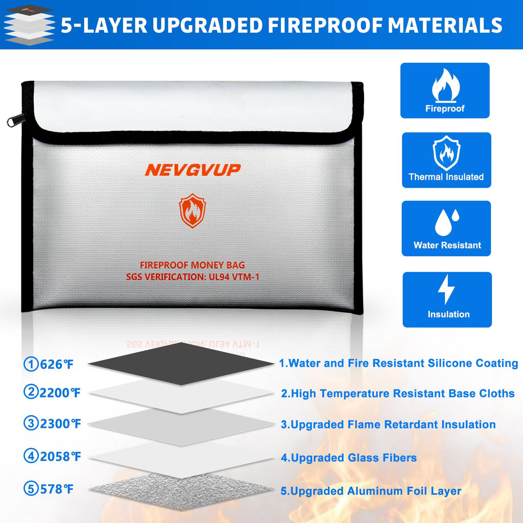 Fireproof Money Bag 4200°F - Heat Insulated, 9.8 x 6.5" Small Fireproof Document Bags with Waterproof Zipper, Fire proof Bag with Reflective Strip and Fireproofs Edeging, Fire Pouch Set for Valuables