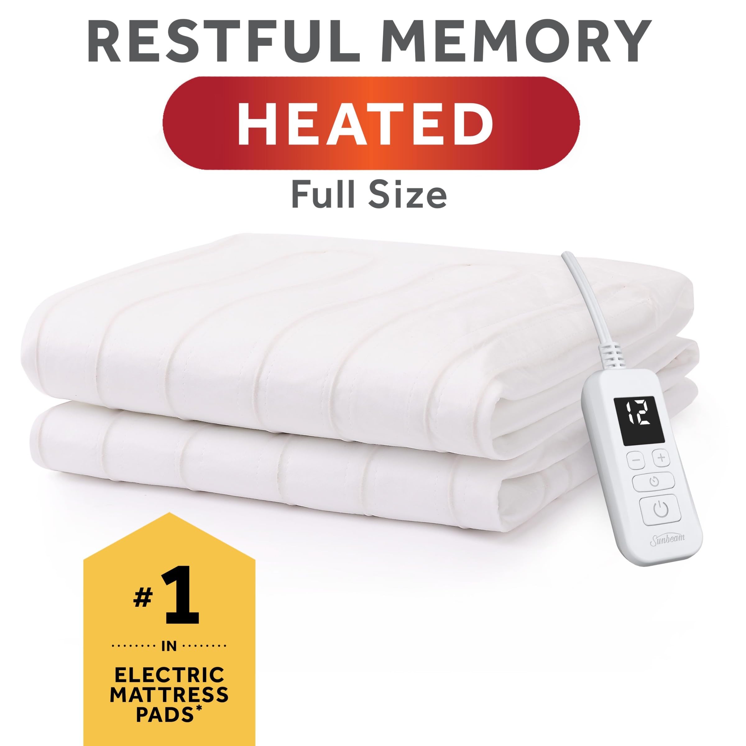 Sunbeam Restful Quilted Water Resistant Heated Mattress Pad - Full White