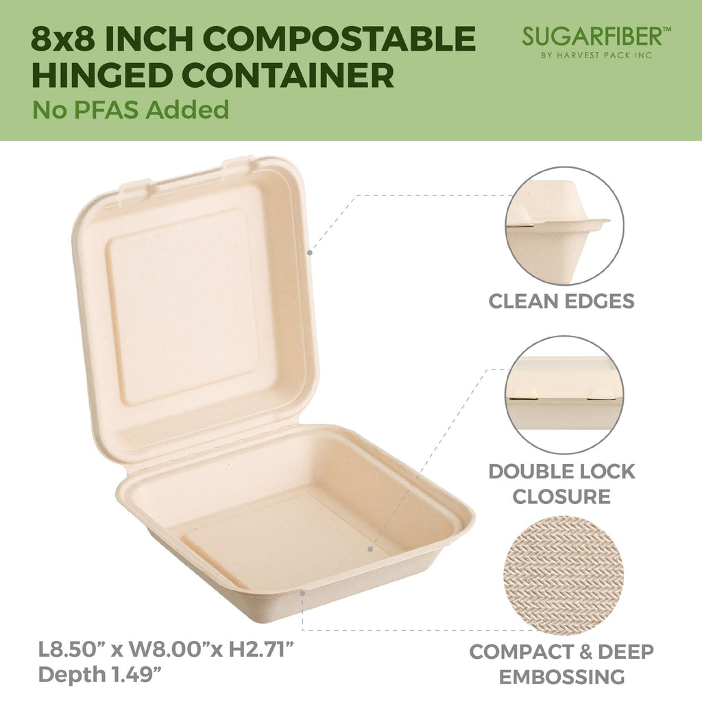 [50 COUNT]Harvest Pack 6 X 6" Compostable Clamshell Take Out Food Containers, PFAS FREE Square To go Containers with Lids, Heavy-Duty Disposable Bagasse Bento Cake Box, Eco-Friendly Sugarcane Fibers