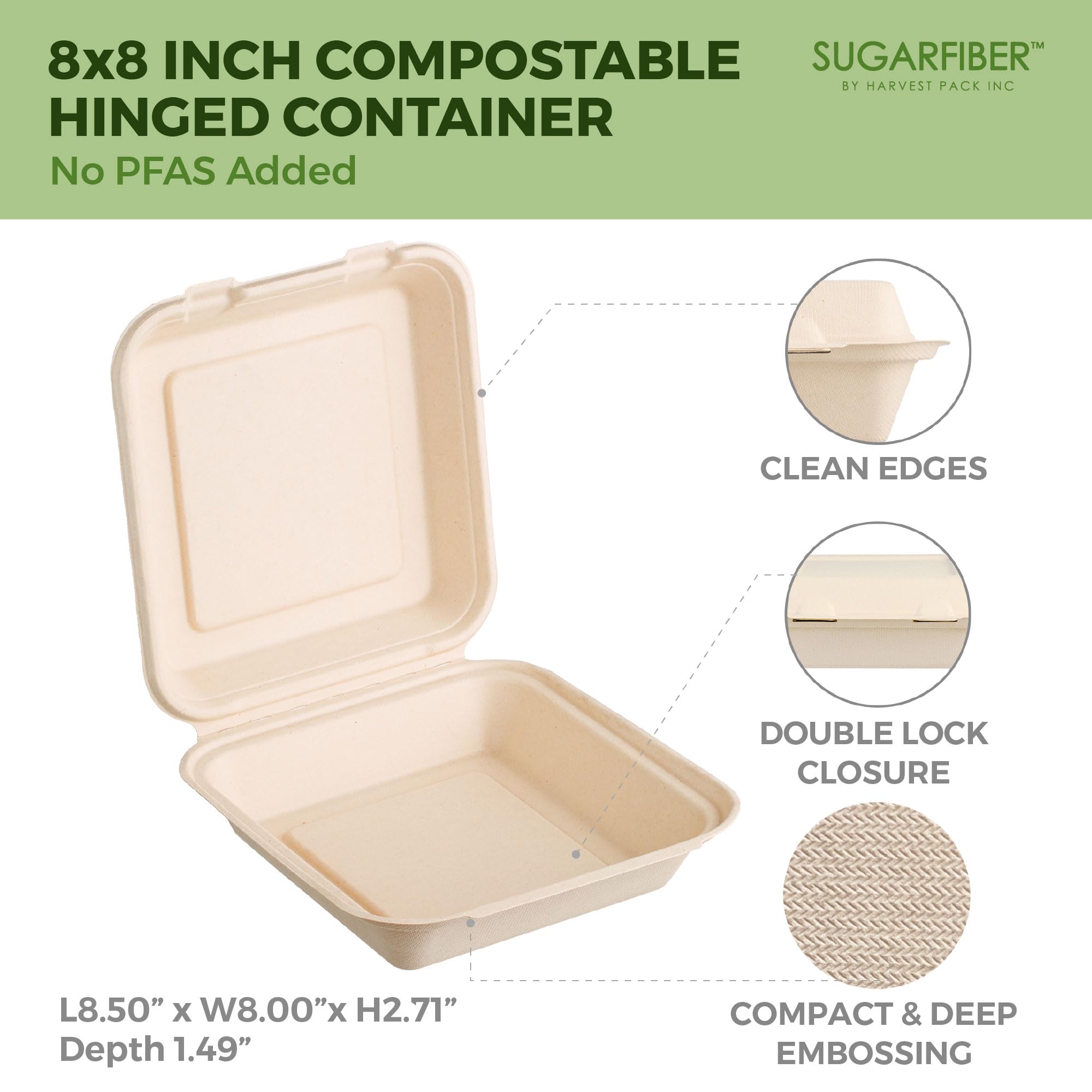 [50 COUNT]Harvest Pack 6 X 6" Compostable Clamshell Take Out Food Containers, PFAS FREE Square To go Containers with Lids, Heavy-Duty Disposable Bagasse Bento Cake Box, Eco-Friendly Sugarcane Fibers