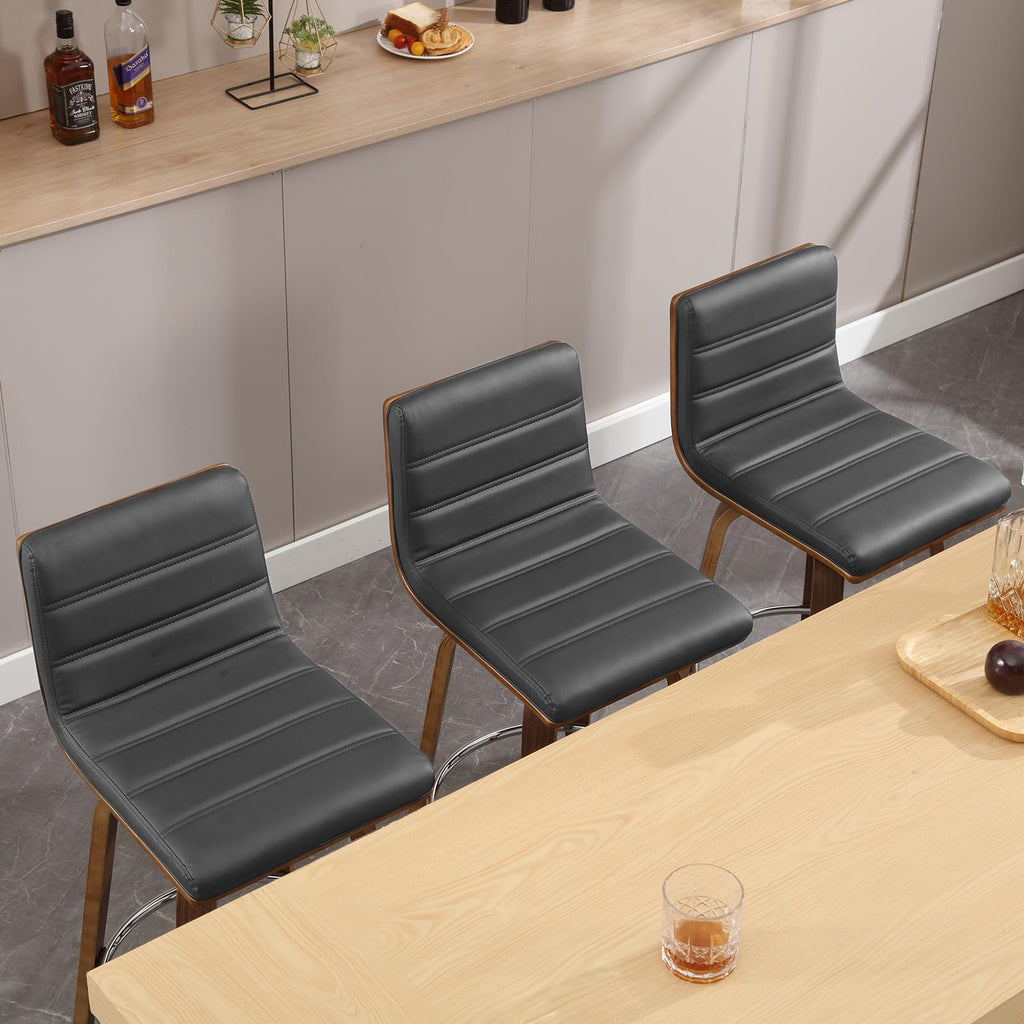 Bar Stools 29 Inch Bar Height, Swivel Bar Stools with Backs Upholstered PU Leather Barstool, L Shape Back and Padded Seat, Mid-Century Modern Bar Stool Pub Chairs for Kitchen Counter Island, Black