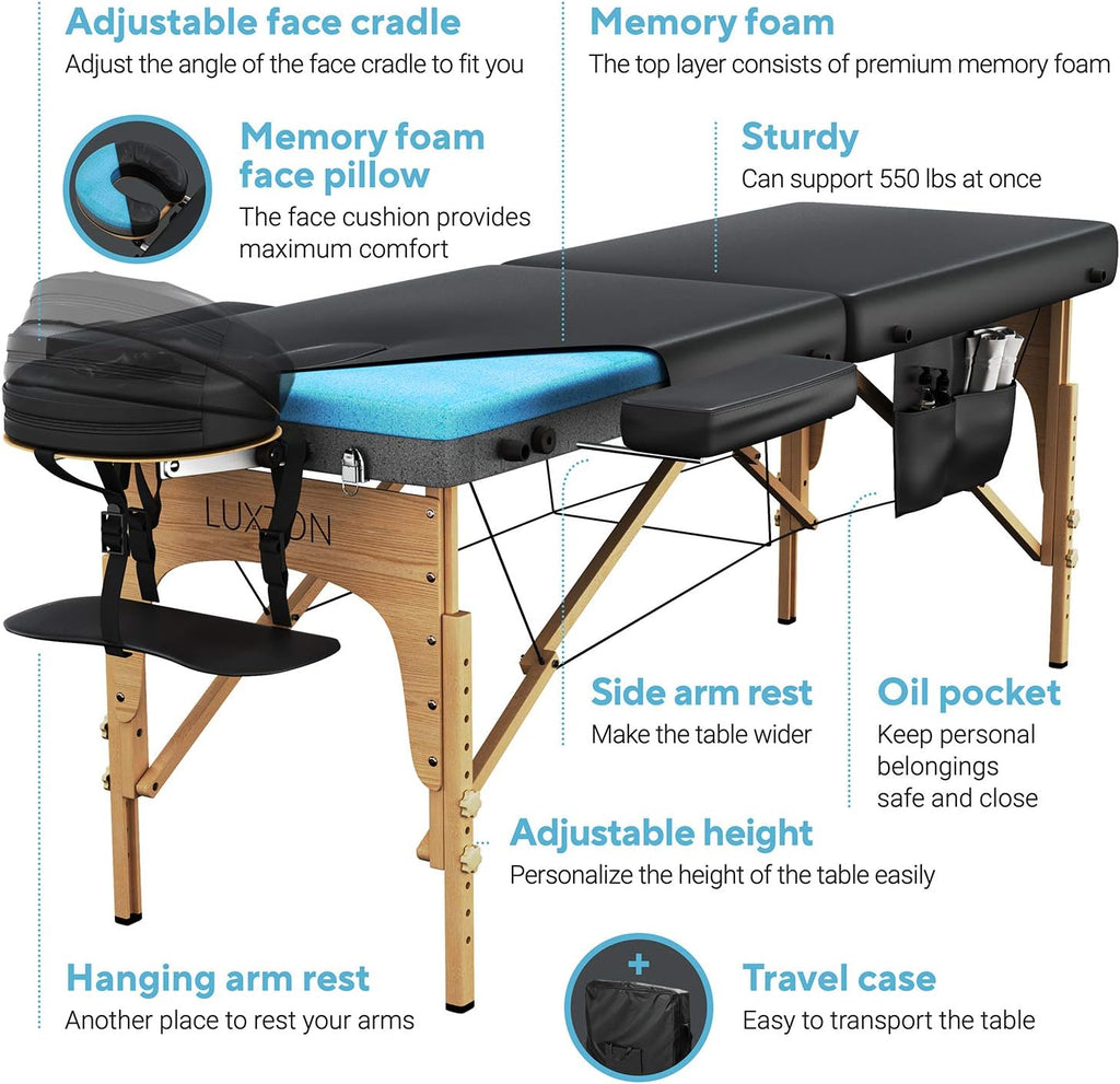 Memory Foam Massage Table Premium Portable Foldable Massage Bed Height Adjustable 72 Inches Long 27 Inches Wide Home Salon Spa Bed Tattoo Table with Accessories & Carrying Case Easy Set Up
