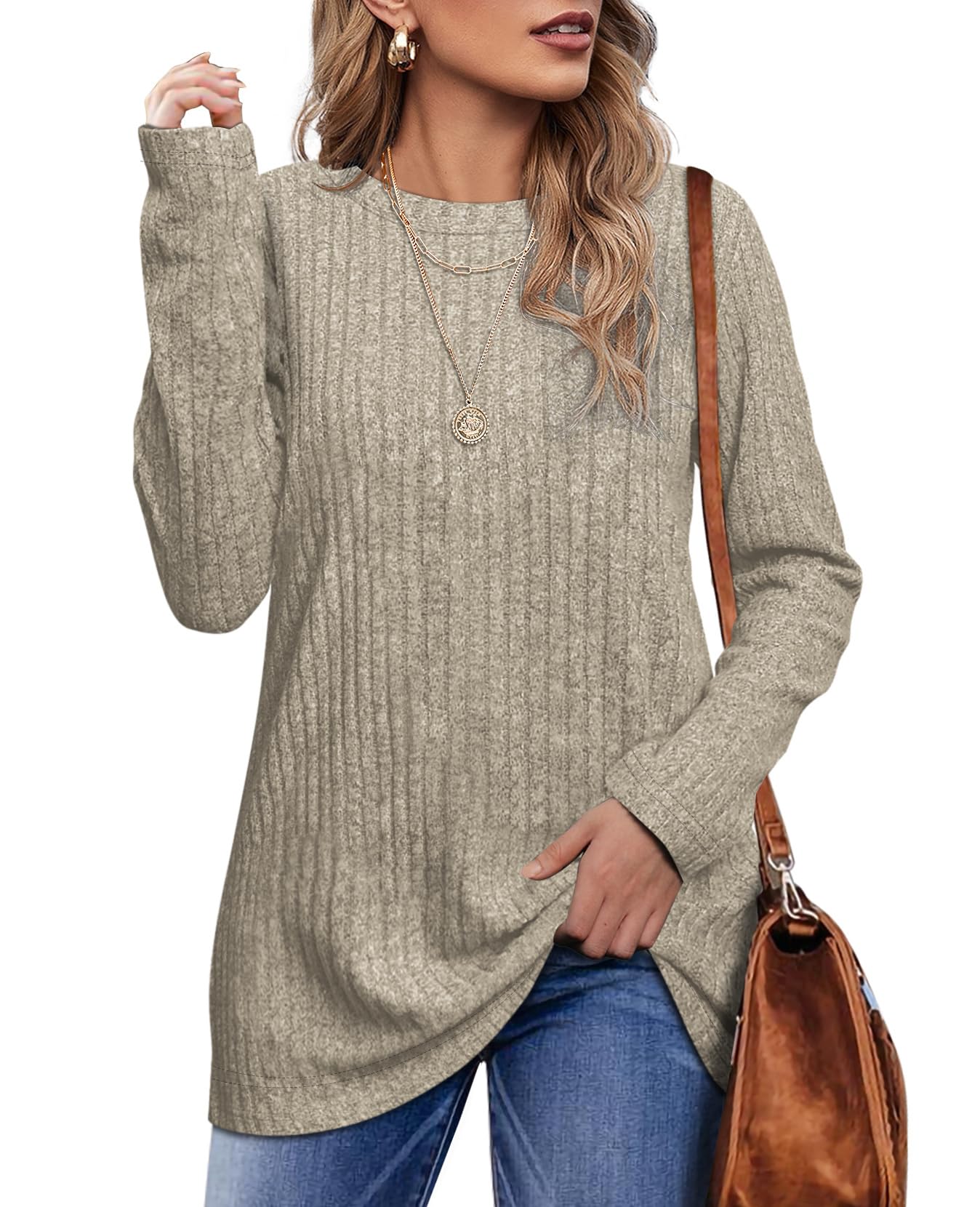 OFEEFAN Long Sleeve Shirts for Women Loose Fit Crew Neck Tunic Tops Blouse Dressy Casual Fall Winter Clothes Outfits