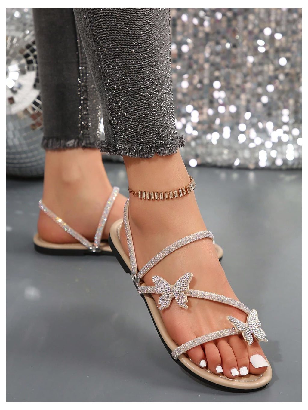 Floerns Women's Elegant Rhinestone Butterfly Transparent Elastic Strap Summer Flat Sandals