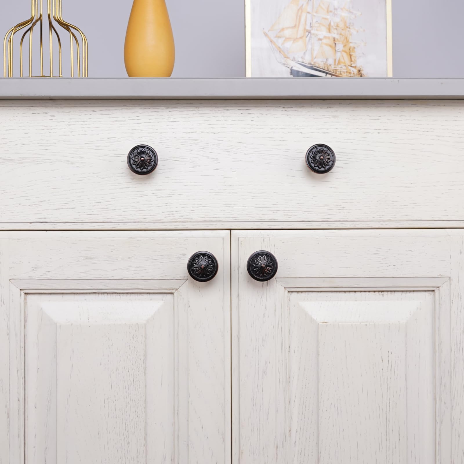 4 Pack Antique Brass Cabinet Knobs Vintage,1-2/5" Round Antique Kitchen Handles for Cabinets and Drawers Vintage Brass Dresser Drawer Knobs