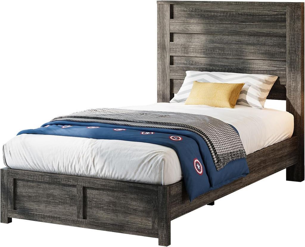 AMERLIFE Farmhouse Full Size Bed Frame with 49" Fluted Headboard, Wood Platform Bed with Natural Grain, No Box Spring Needed/Noise Free, Black