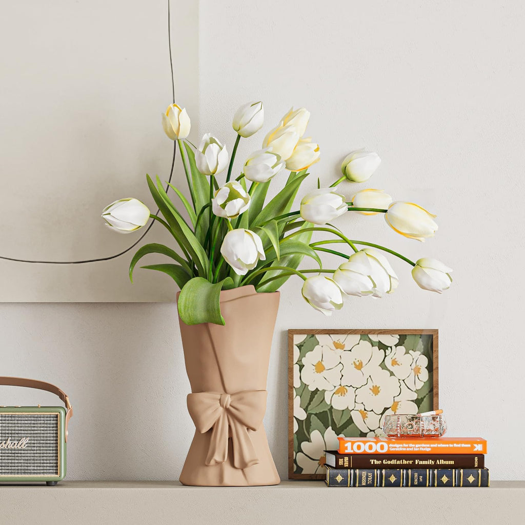Relexome Beige Ceramic Bow Vase 9.64 in Unique Cute Modern Decorative Bouquet Flower Vases for Home Living Room Table Decor Women Girl Gifts