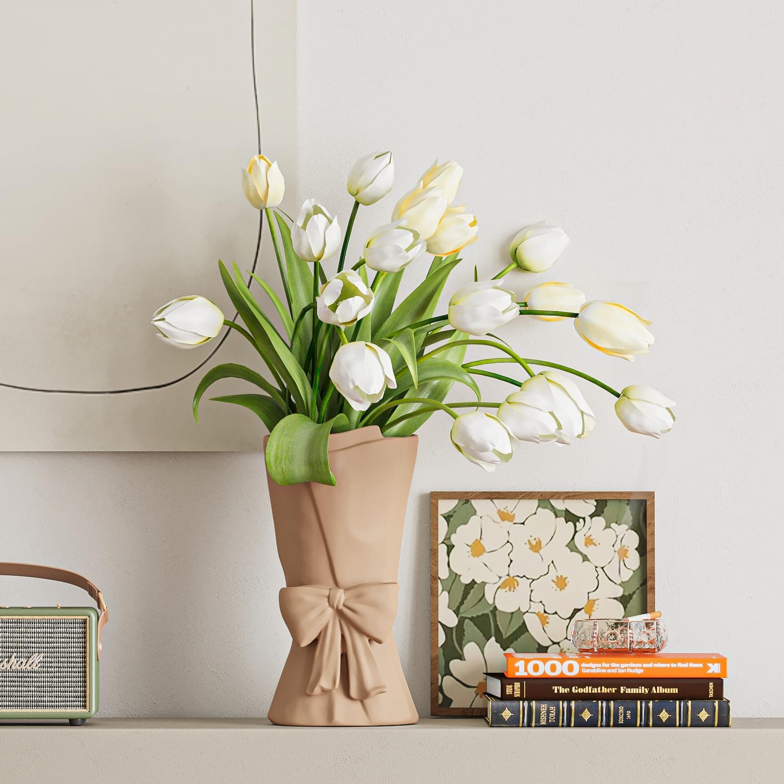 Relexome Beige Ceramic Bow Vase 9.64 in Unique Cute Modern Decorative Bouquet Flower Vases for Home Living Room Table Decor Women Girl Gifts