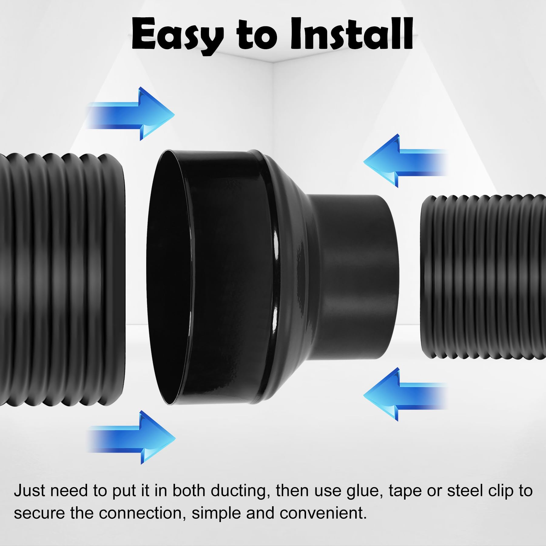 Duct Reducter 6 to 4 Air Ducting Reducer Increaser Air Duct Adapter or Round Metal Pipe Reducer for Bathroom Kitchen Ventilation Systems - Black