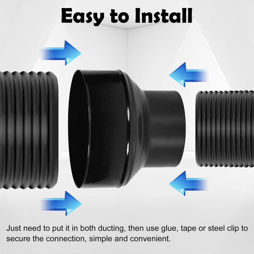 Duct Reducter 6 to 4 Air Ducting Reducer Increaser Air Duct Adapter or Round Metal Pipe Reducer for Bathroom Kitchen Ventilation Systems - Black