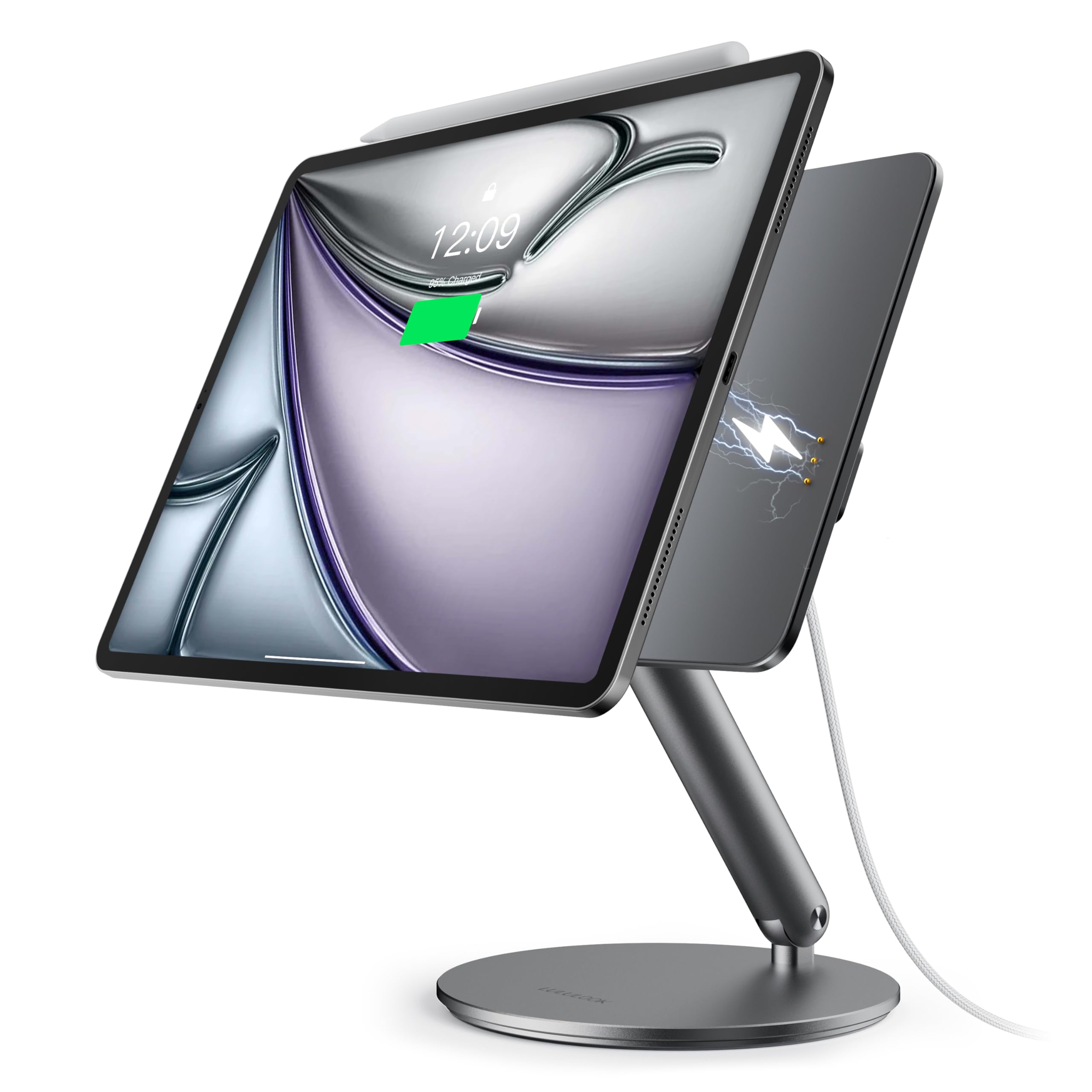 LULULOOK [Upgrade Magnetic Wireless Charging Stand for iPad Air 11" M4 (2026)/M3/M2, Foldable Aluminum Alloy iPad Pro Desk Stand with 360° Rotating Base for Pro 11" 1st/2nd/3rd/4th, Air 10.9 4th/5th