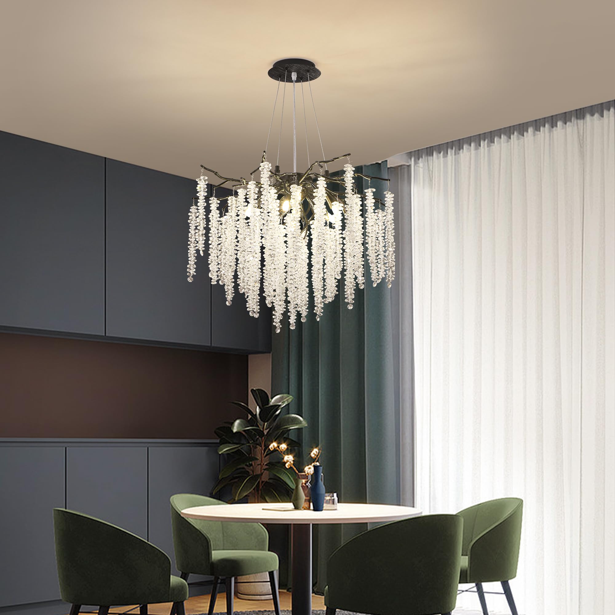 Modern Crystal Raindrop Chandelier, L40'' Black Linear Rectangle Art Deco Tree Branch Lighting Fixture for Kitchen Island Living Room Foyer Staircase 10 Lights