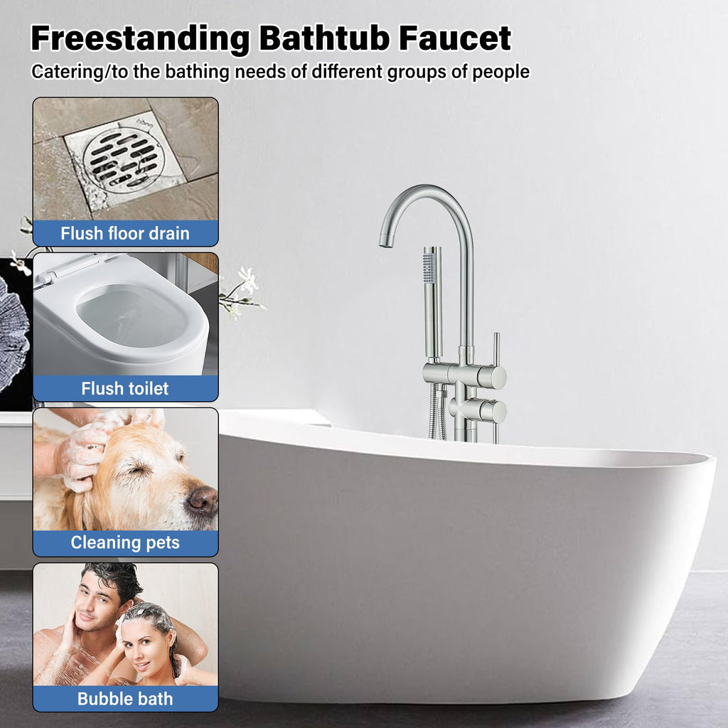 Brushed Gold Freestanding Bathtub Faucet with Hand Shower Tub Filler Faucet Floor Mounted High Flow Single Handle Bath Filler Solid Brass