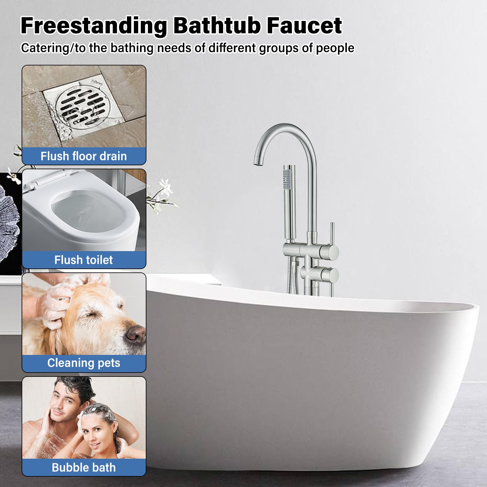 Brushed Gold Freestanding Bathtub Faucet with Hand Shower Tub Filler Faucet Floor Mounted High Flow Single Handle Bath Filler Solid Brass