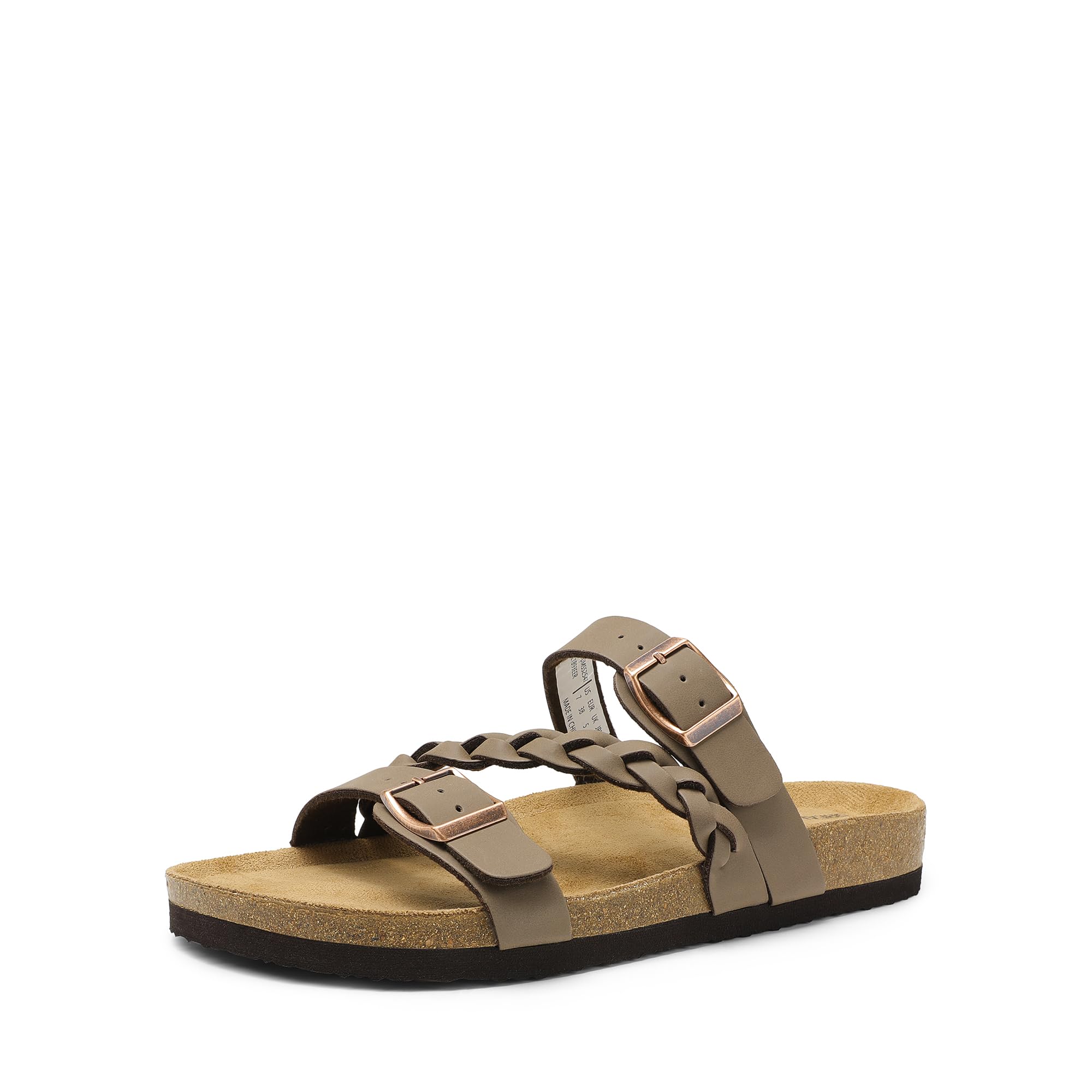 DREAM PAIRS Women's Slides Soft Cork Footbed Sandals Comfortable Walking Slip-on Flat Sandals Arch Support Adjustable Buckle Braided Straps Slippers
