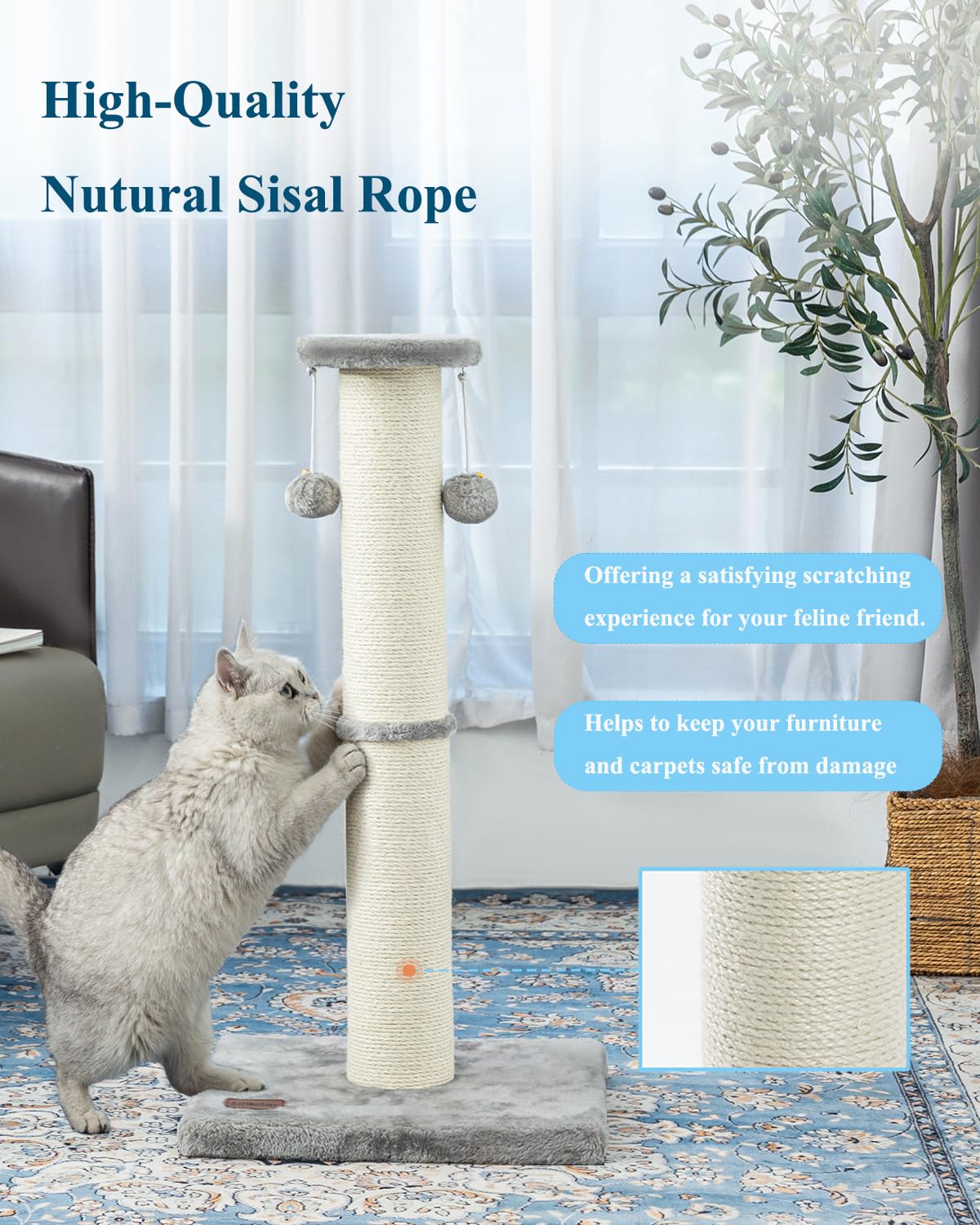 34Inch Tall Cat Scratching Post,4.3Inch Diameter Large Sisal Cat Scratch Post with Ball, Sturdy and Durable Cat Scratcher for Indoor Cats Adults Black