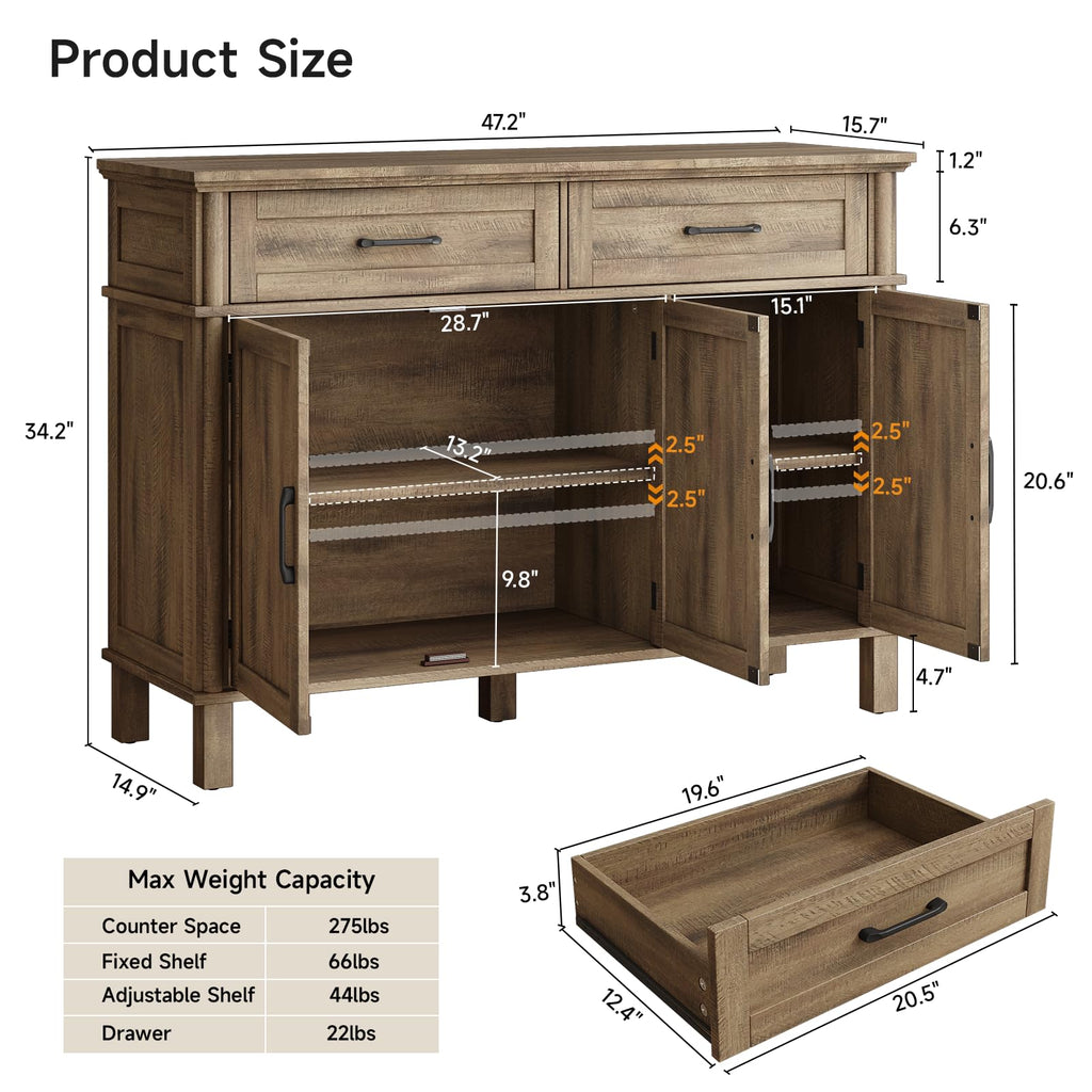 ONBRILL 48 Inches Buffet Cabinet with Storage, Farmhouse Sideboard Buffet w/2 Drawers and 3 Doors, Wood Coffee Bar Cabinet with Adjustable Shelves, Sideboard Storage for Kitchen, Living Room, Black