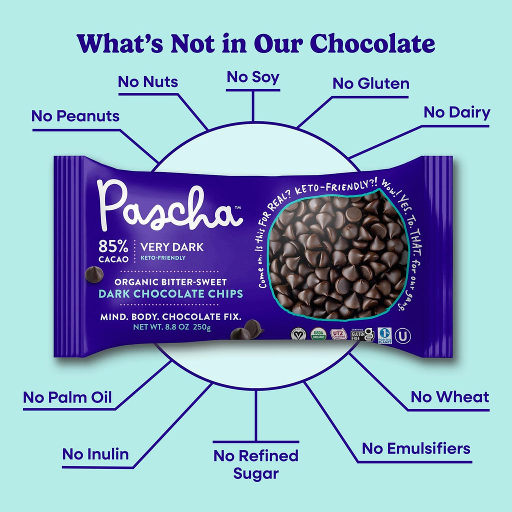 Pascha Organic 70% Cacao Baking Chips - Bittersweet Dark Chocolate with Coconut Sugar - Vegan, Non-GMO, Rainforest Alliance Certified - Allergen-Free (Pack of 8)