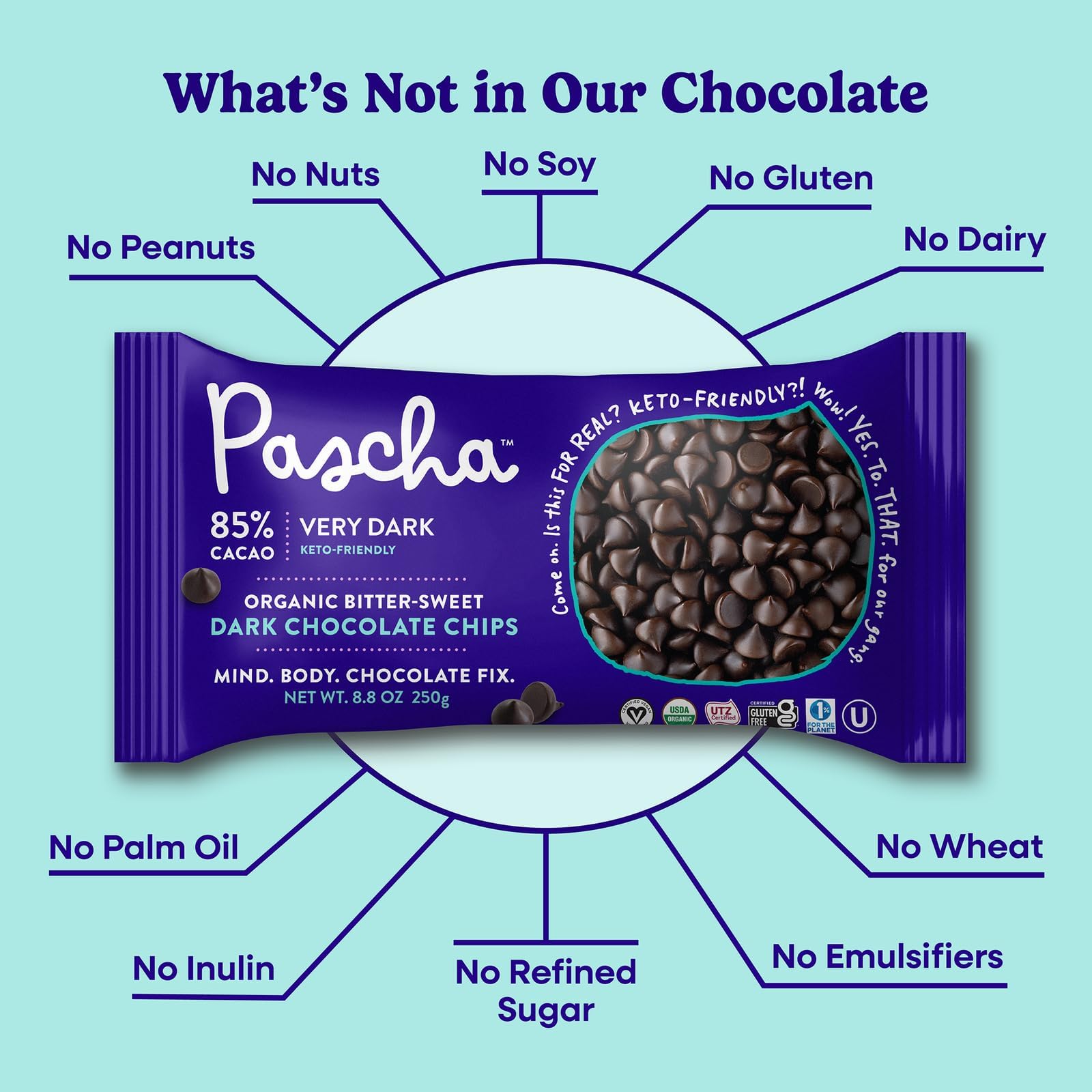 Pascha Organic 70% Cacao Baking Chips - Bittersweet Dark Chocolate with Coconut Sugar - Vegan, Non-GMO, Rainforest Alliance Certified - Allergen-Free (Pack of 8)