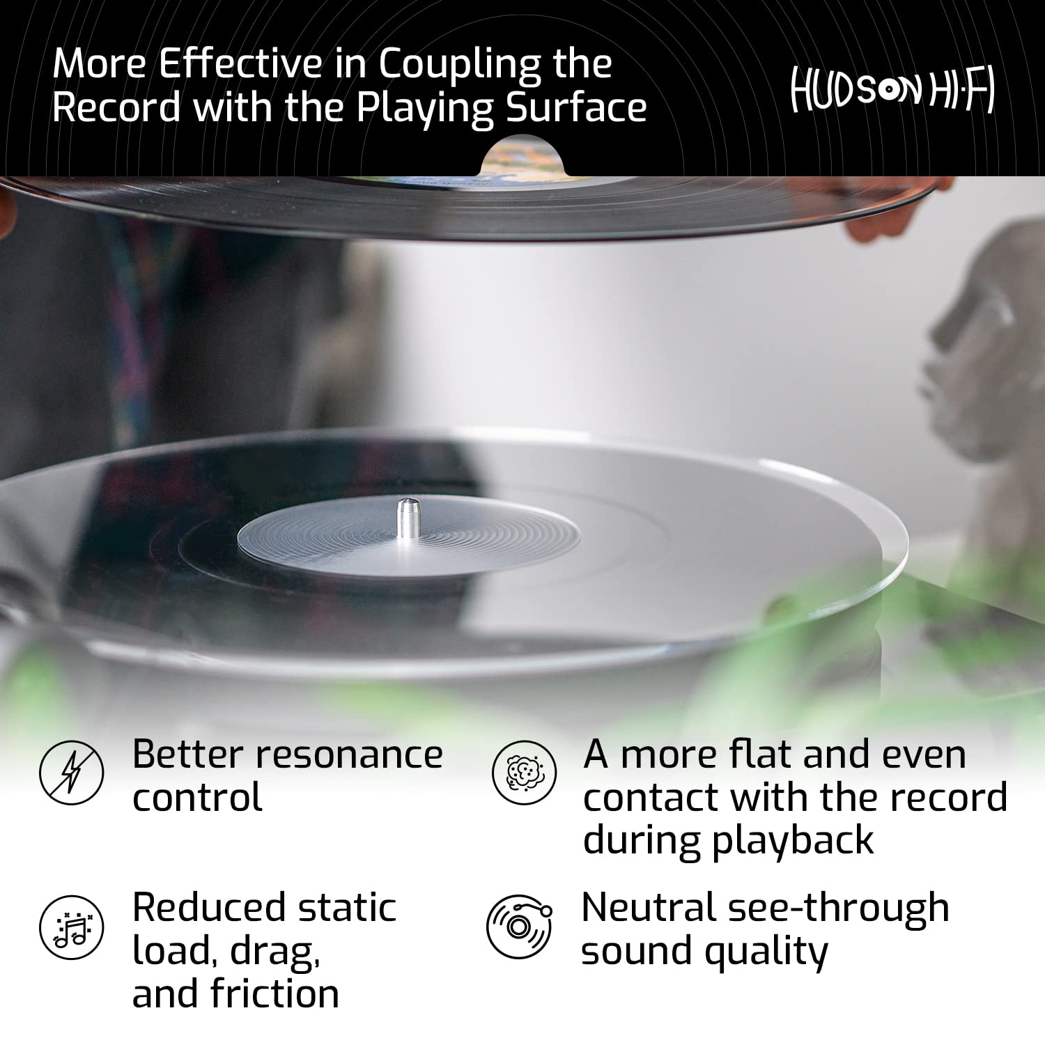 Hudson Hi-Fi Acrylic Turntable Mat – 11.75” Anti-Static Turntable Slipmat with Label Recess – 1/8” Thick Acrylic Platter Mat for Vinyl LP Record Players – Black