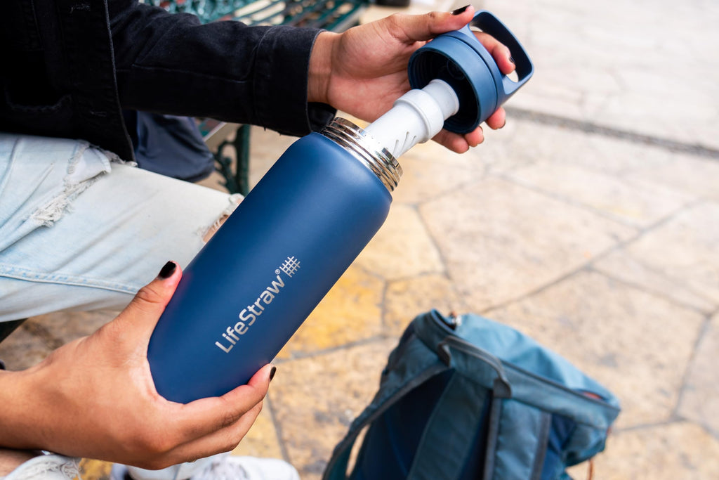 LifeStraw Go Series — Water Bottle Stainless Steel Bottle, 18oz, Aegan Sea, Removes Bacteria, Parasites, Microplastics, Improves Taste