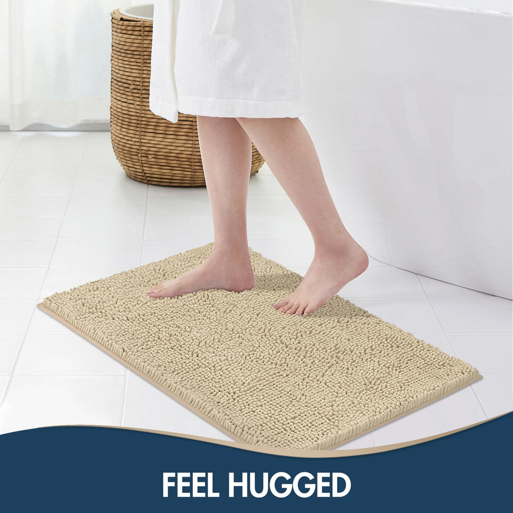 TREETONE Chenille Bath Mat 3 Pieces Bathroom Rugs Set, 20x20 Inches U-Shape Contoured Toilet Mat & 20x32 Inches Rug & Lid Cover,Water Absorbent Plush Rugs for Tub Shower & Bath Room -Beige