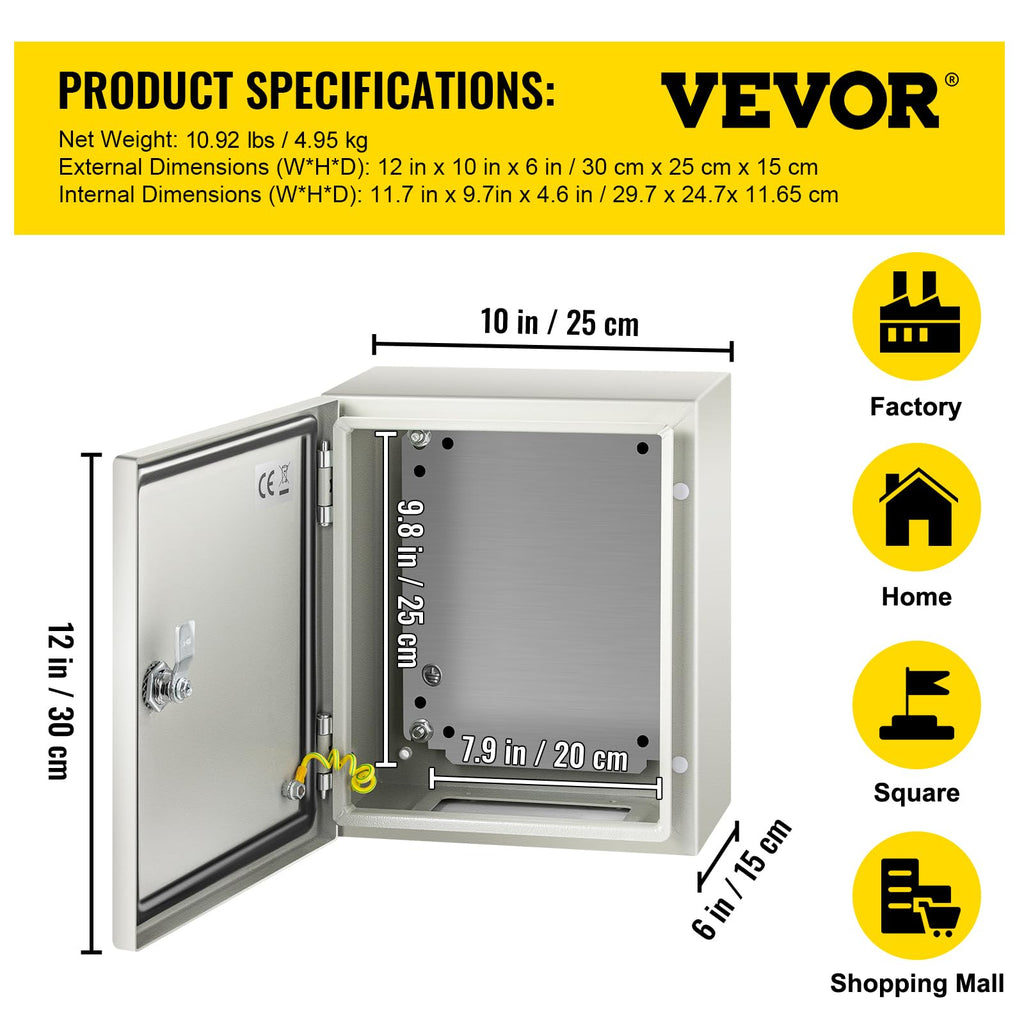 VEVOR NEMA Steel Enclosure, 8" x 8" x 6" NEMA 4X Steel Electrical Box, IP66 Waterproof & Dustproof, Outdoor/Indoor Electrical Junction Box, with Mounting Plate