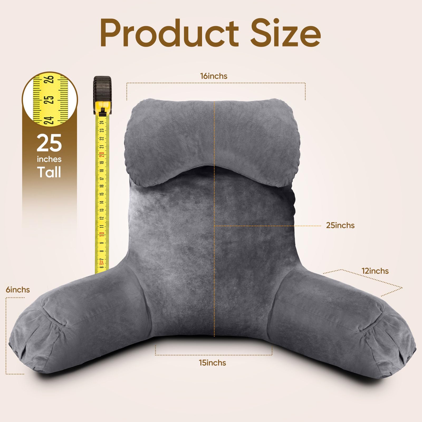 OAISZ Reading Pillow for Sitting in Bed Adult, Reading Pillow with Shredded Memory Foam, Bed Pillow with Washable Cover, Back Pillow Sitting Up with Extend Arms, Beige, X-Large
