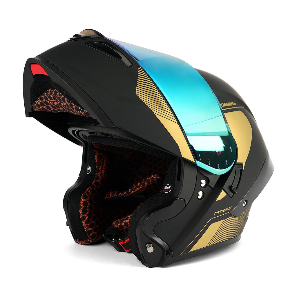 Orthrus Modular LED Full Face Motorcycle Helmet - DOT Approved Flip-Up Dual Visor Sun Shield & Bluetooth Ready for Adults Men Women - Street Bike/Motocross (Dobermann Gold, S)