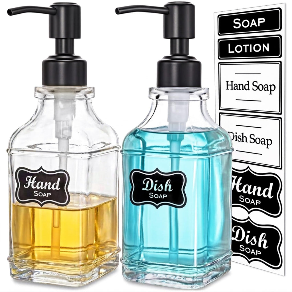 JASAI Antique Design Soap Dispenser with Rust Proof 304 Stainless Steel Pump, Refillable Glass Soap Dispenser with 10Pcs Clear Stickers, Premium Kitchen & Bathroom Soap Dispenser