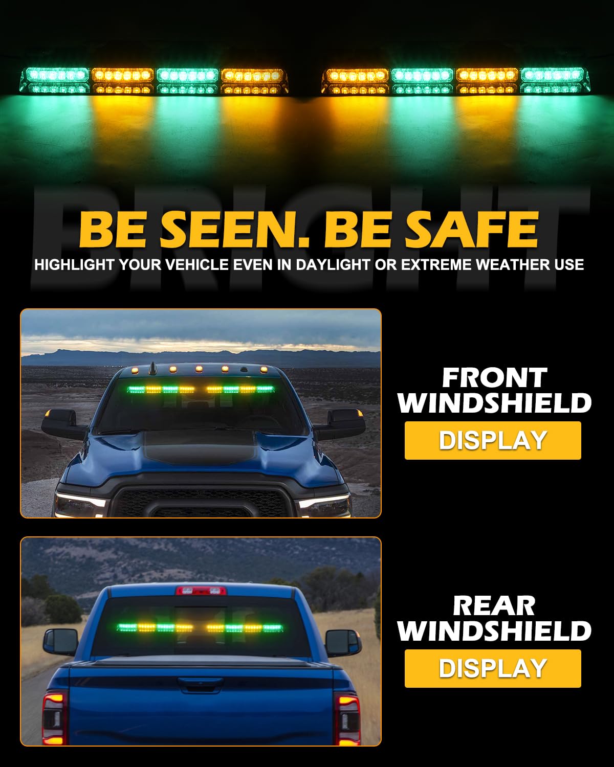 HLauto 604N Emergency Dash Strobe Lights: 2x16.8 inch Amber White Security Light w/Take Down, 48 LED Safety Flashing Warning Hazard Interior Windshield Light Bar for Truck Vehicle