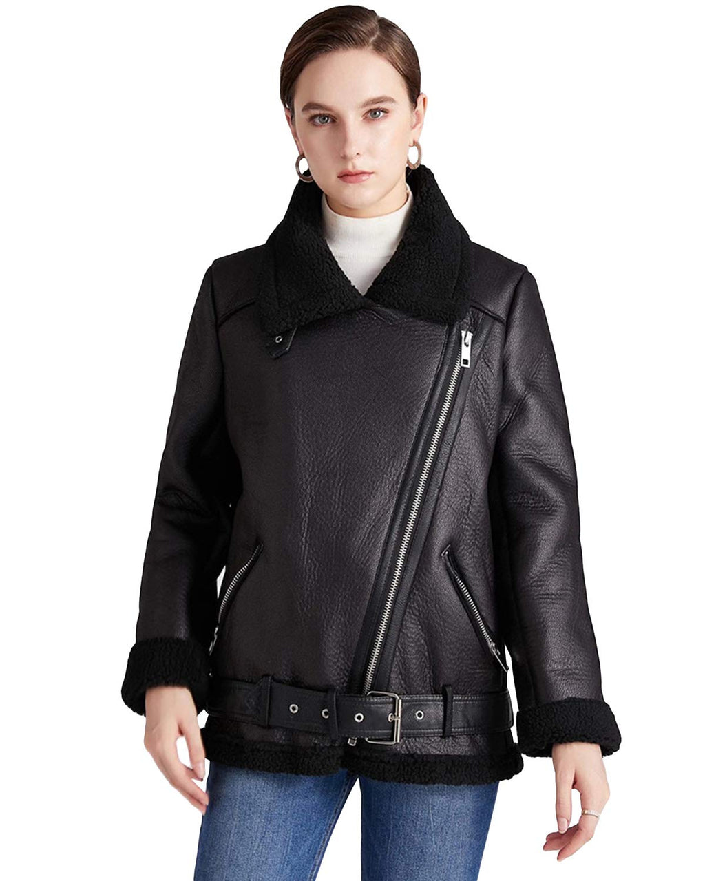 LY VAREY LIN Women's Faux Shearing Moto Jacket Thick Lined Parka Winter Shearling Coat Leather Jacket