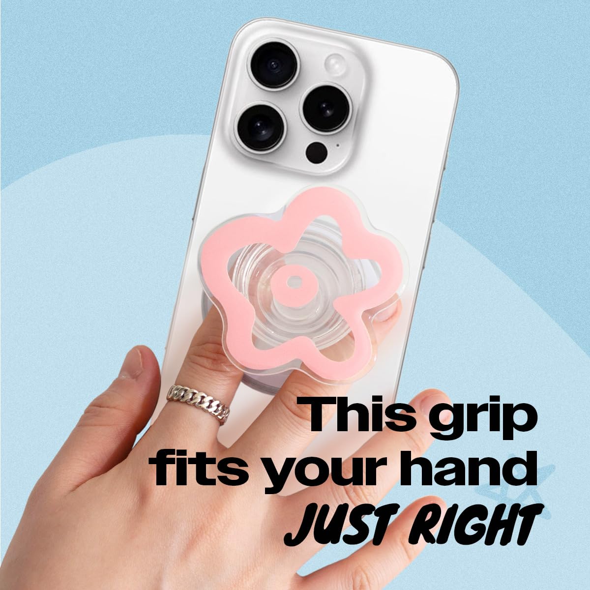 OnTheGrip Cute Transparent Daisy Flower Shape Design Mobile Phone Grip Multi Functional Collapsible Stand Holder for Smartphone Tablet Cell Phone Accessory (Black)