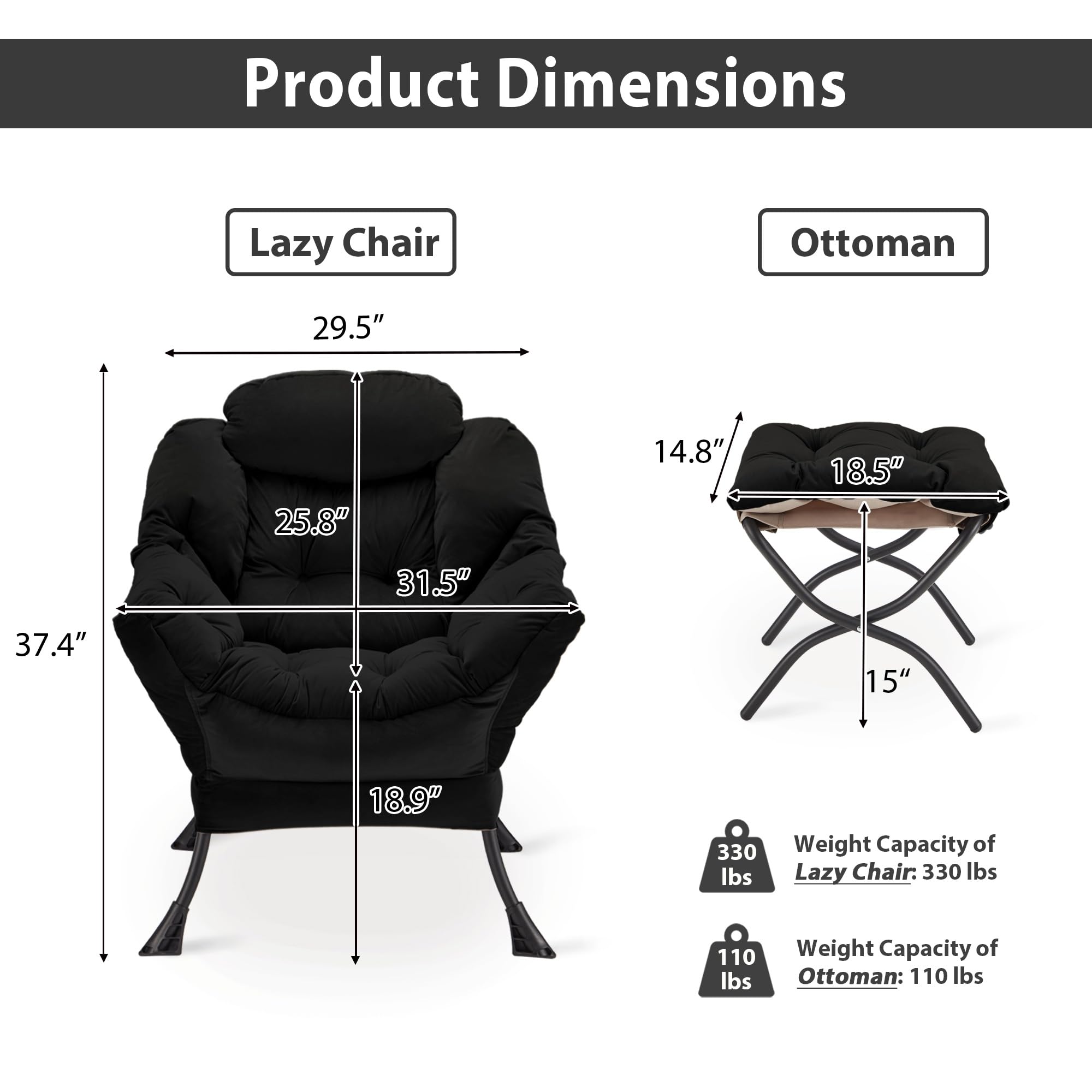 Youtanic Lazy Chair with Folding Ottoman, Accent Chair Velvet Upholstered with Metal Structure and Non-Slip Pads, Sofa Armchair with Footrest and Side Storage Bag for Dorm, Room, Office, Beige