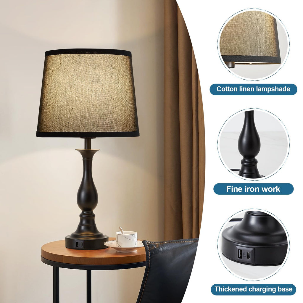 Bedside Table Lamp Touch Control Bedroom Lamps with USB A and C Charging Port 3 Way Dimmable Touch Lamps for Nightstand Living Room Bedroom Dorm Home Office Reading, Set of 2