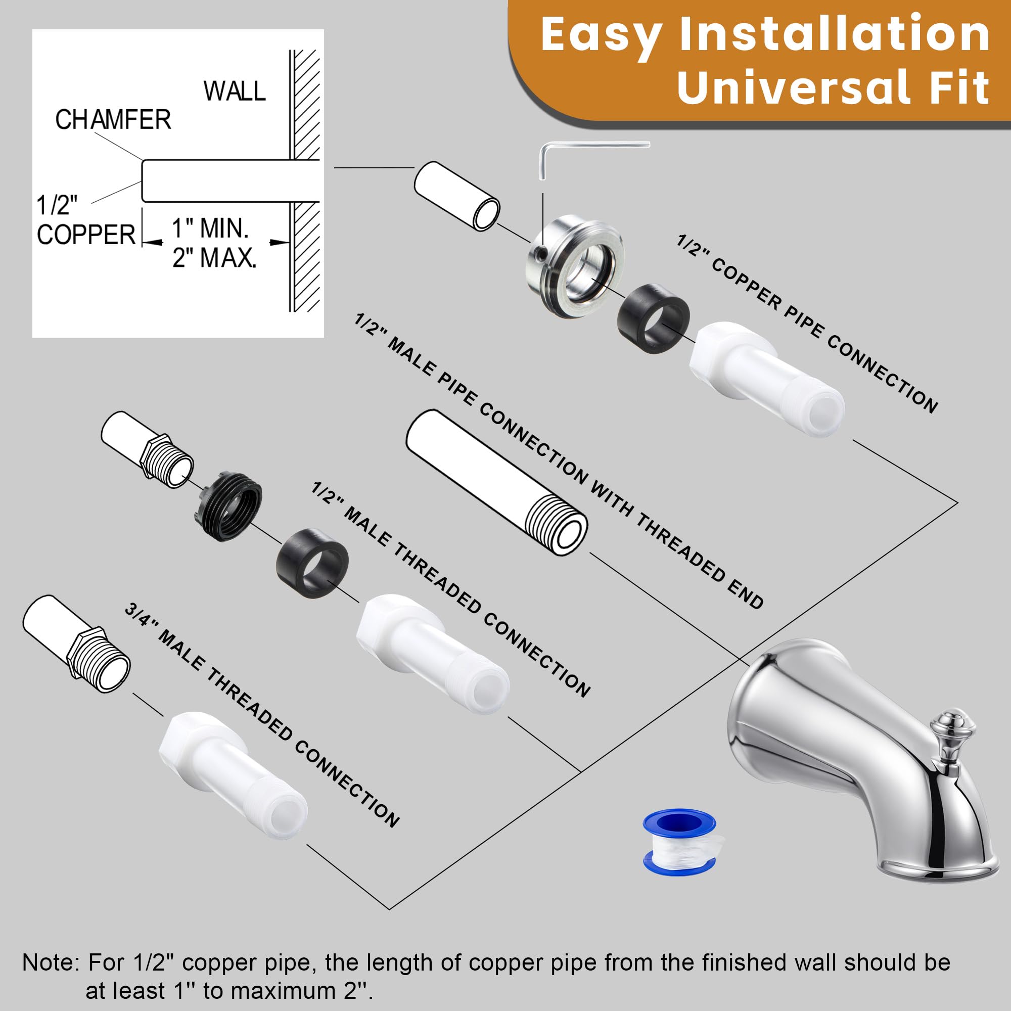 Dreyoo Tub Spout (Universal Fits 1/2" Copper Pipe, 1/2" IPS and 3/4" IPS), Bathroom Bathtub Faucet with Adapters and Hex Wrench(Brushed Nickel,Simple)